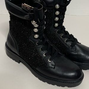 Zara Leather Tweed Pearl Combat Boots (RARE)